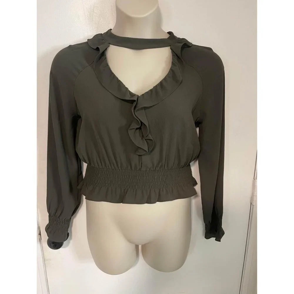 Army Olive green Ruffel Long Sleeve Crop Top blouse Medium #0266